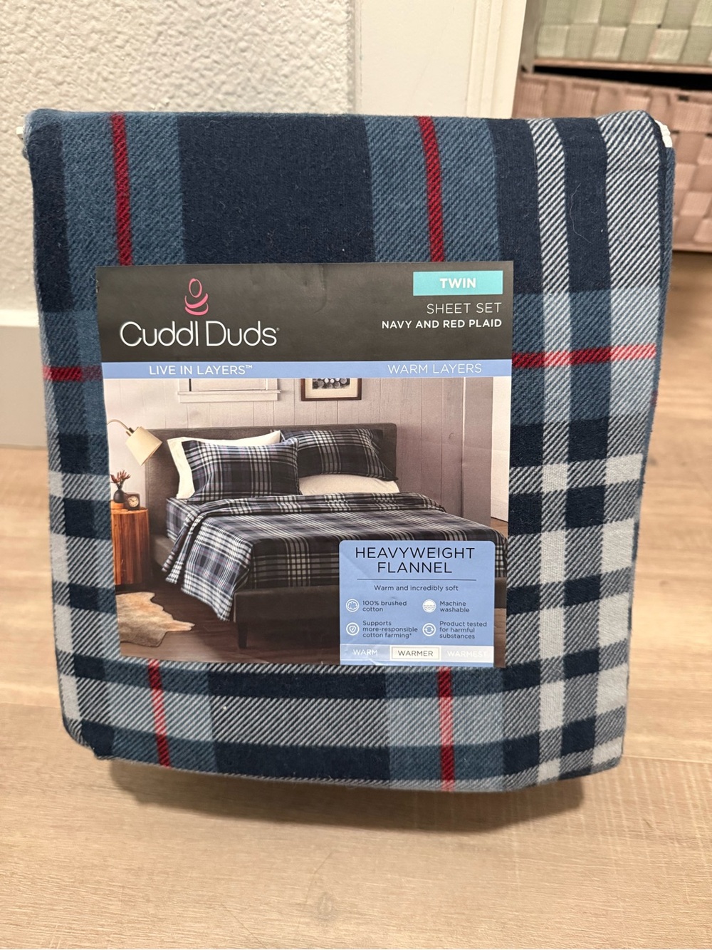 Cuddl Duds Navy and Red Plaid Twin Sheet Set - Heavyweight Flannel 100% cotton